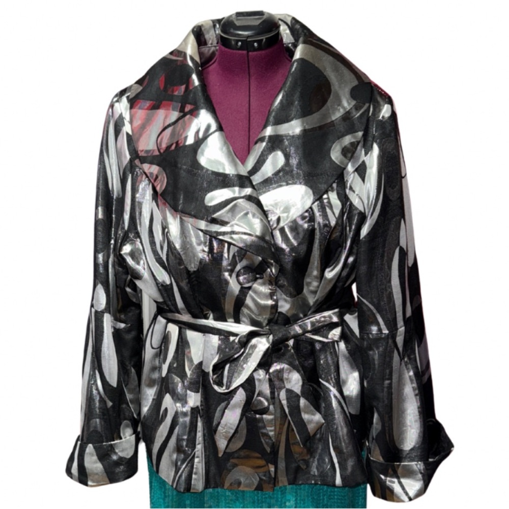 Vintage Ashley Stewart Black and Silver Lamae Patterned Blazer